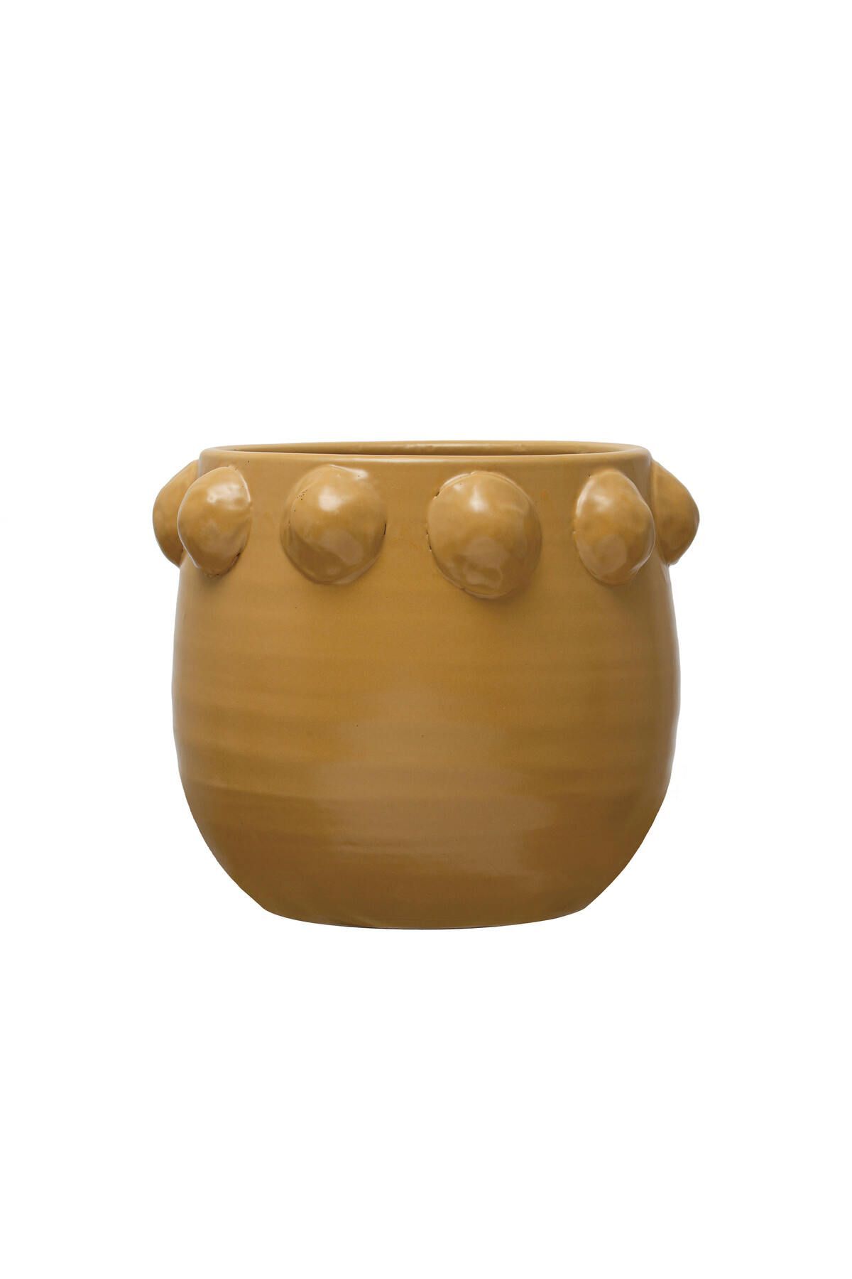 El Yapımı Sarı Noktalı Kabartmalı Terra Cotta Saksı